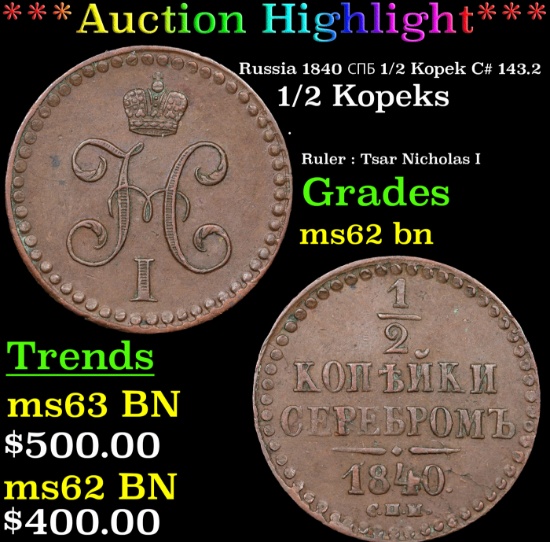 ***Auction Highlight*** Russia 1840 Cn6 1/2 Kopek C# 143.2 Grades Select Unc BN