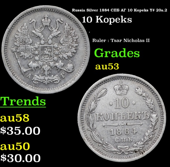Russia Silver 1884 Cn6 Ar 10 Kopeks Y# 20a.2 Grades Select AU