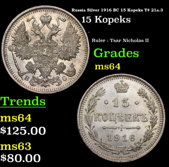 Russia Silver 1916 BC 15 Kopeks Y# 21a.3 Grades Choice Unc