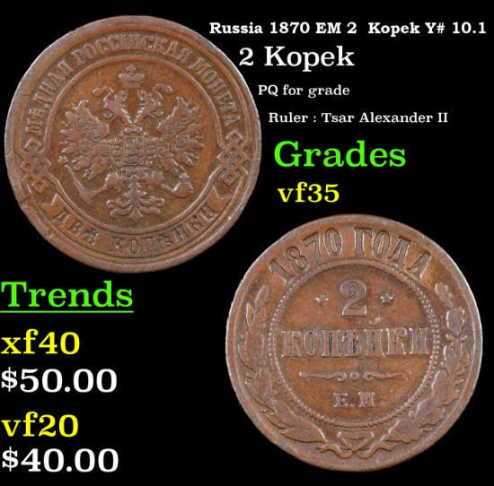 Russia 1870 EM 2  Kopek Y# 10.1 Grades vf++