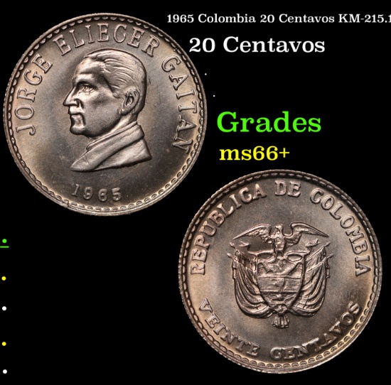 1965 Colombia 20 Centavos KM-215.1 Grades GEM++ Unc