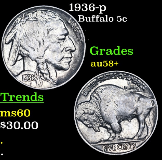 1936-p Buffalo Nickel 5c Grades Choice AU/BU Slider+