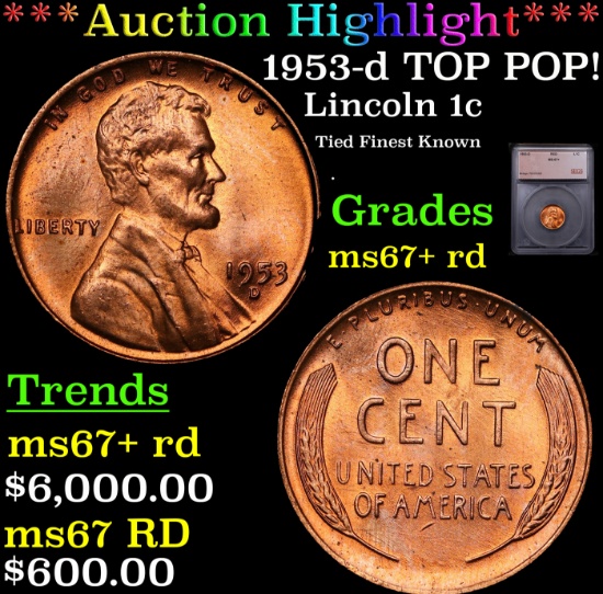 ***Auction Highlight*** 1953-d Lincoln Cent TOP POP! 1c Graded ms67+ rd By SEGS (fc)