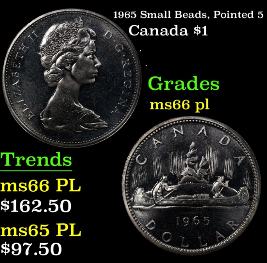 1965 Small Beads, Pointed 5 Canada Dollar $1 Grades GEM+ UNC PL