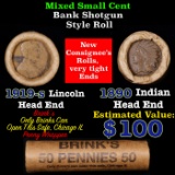 Mixed small cents 1c orig shotgun roll, 1919-S Wheat Cent, 1890 Indian Cent other end, Brinks Wrappe