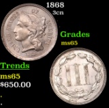 1868 Three Cent Copper Nickel 3cn Grades GEM Unc