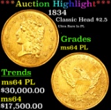 ***Auction Highlight*** 1834 Classic Head Quarter Eagle Gold $2 1/2 Graded ms64 PL BY SEGS (fc)