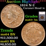 ***Auction Highlight*** 1824 Coronet Head Large Cent N-2 1c Graded ms63+ bn BY SEGS (fc)