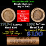 Mixed small cents 1c orig shotgun roll, 1919-S Wheat Cent, 1892 Indian Cent other end, Brinks Wrappe