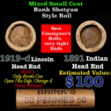 Mixed small cents 1c orig shotgun roll, 1919-D Wheat Cent, 1891 Indian Cent other end, Brinks Wrappe