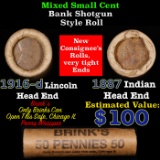 Mixed small cents 1c orig shotgun roll, 1916-D Wheat Cent, 1887 Indian Cent other end, Brinks Wrappe