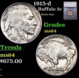 1915-d Buffalo Nickel 5c Graded ms64 BY SEGS