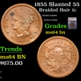 1855 Slanted 55 Braided Hair Large Cent 1c Graded ms64 bn BY SEGS