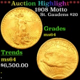 ***Auction Highlight*** 1908 Motto Gold St. Gaudens Double Eagle $20 Graded ms64 BY SEGS (fc)