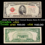 1928C $5 Red Seal United States Note Fr-1528 Grades vf+