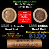Mixed small cents 1c orig shotgun roll, 1918-S Wheat Cent, 1890 Indian Cent other end, Brinks Wrappe