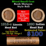 Mixed small cents 1c orig shotgun roll, 1916-S Wheat Cent, 1890 Indian Cent other end, Brinks Wrappe