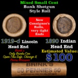 Mixed small cents 1c orig shotgun roll, 1919-D Wheat Cent, 1890 Indian Cent other end, Brinks Wrappe