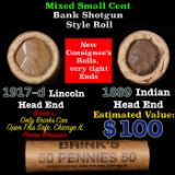 Mixed small cents 1c orig shotgun roll, 1917-D Wheat Cent, 1889 Indian Cent other end, Brinks Wrappe