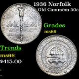 1936 Norfolk Old Commem Half Dollar 50c Graded ms66 BY SEGS