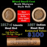 Mixed small cents 1c orig shotgun roll, 1917-D Wheat Cent, 1897 Indian Cent other end, Brinks Wrappe