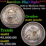 ***Auction Highlight*** 1842-p Medium Date Seated Half Dollar 50c Graded ms62 details BY SEGS (fc)