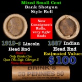 Mixed small cents 1c orig shotgun roll, 1919-S Wheat Cent, 1887 Indian Cent other end, Brinks Wrappe