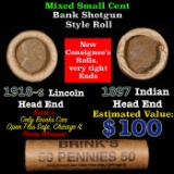 Mixed small cents 1c orig shotgun roll, 1918-S Wheat Cent, 1897 Indian Cent other end, Brinks Wrappe