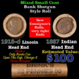 Mixed small cents 1c orig shotgun roll, 1918-D Wheat Cent, 1887 Indian Cent other end, Brinks Wrappe