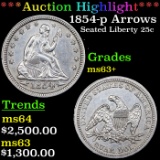 ***Auction Highlight*** 1854-p Arrows Seated Liberty Quarter 25c Graded ms63+ BY SEGS (fc)