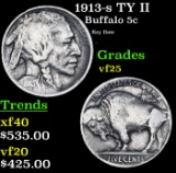 1913-s TY II Buffalo Nickel 5c Grades vf+