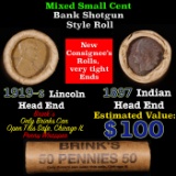 Mixed small cents 1c orig shotgun roll, 1919-S Wheat Cent, 1897 Indian Cent other end, Brinks Wrappe