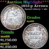 ***Auction Highlight*** 1853-p Arrows Seated Liberty Half Dime 1/2 10c Graded ms66 BY SEGS (fc)