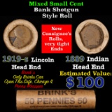 Mixed small cents 1c orig shotgun roll, 1919-S Wheat Cent, 1889 Indian Cent other end, Brinks Wrappe