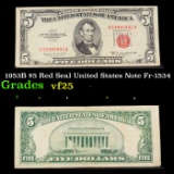 1953B $5 Red Seal United States Note Fr-1534 Grades vf+
