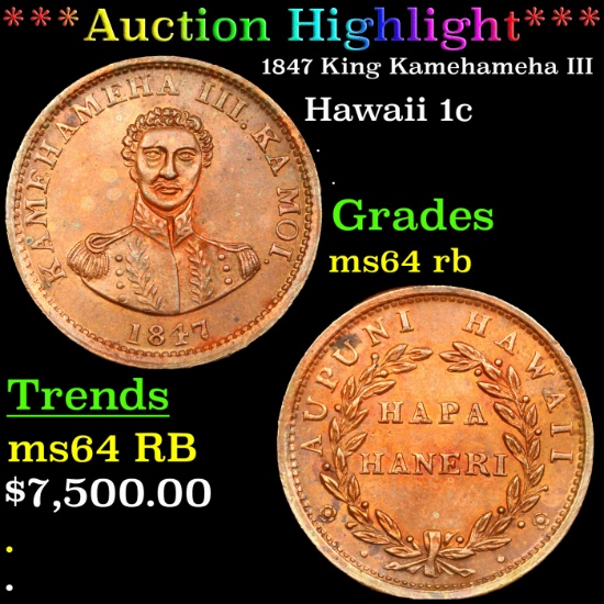 ***Auction Highlight*** 1847 King Kamehameha III Hawaii Cent 1c Graded ms64 rb BY SEGS (fc)
