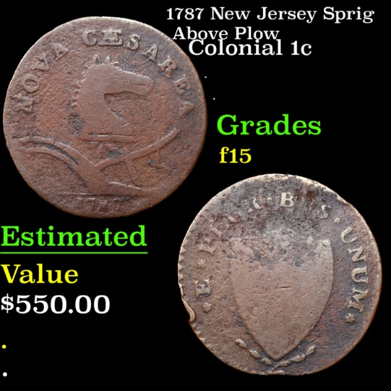 1787 New Jersey Colonial Cent Sprig Above Plow 1c Grades f+