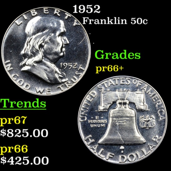 Proof 1952 Franklin Half Dollar 50c Graded pr66+ By SEGS