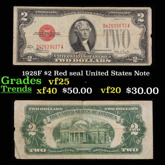 1928F $2 Red seal United States Note Grades vf+