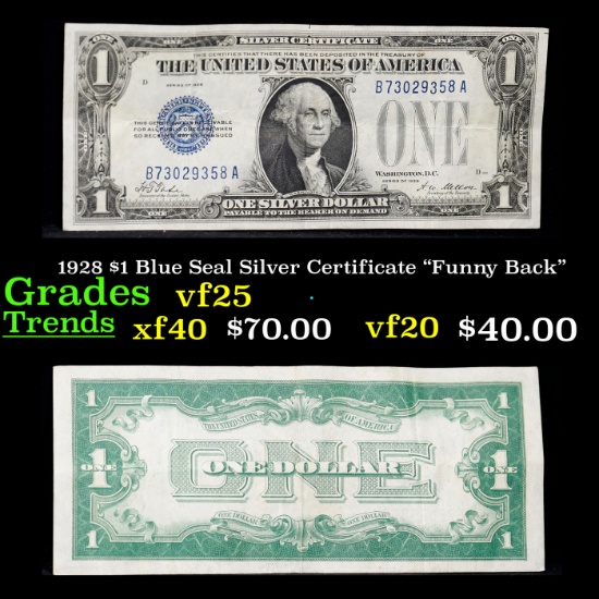 1928 $1 Blue Seal Silver Certificate "Funny Back" Grades vf+