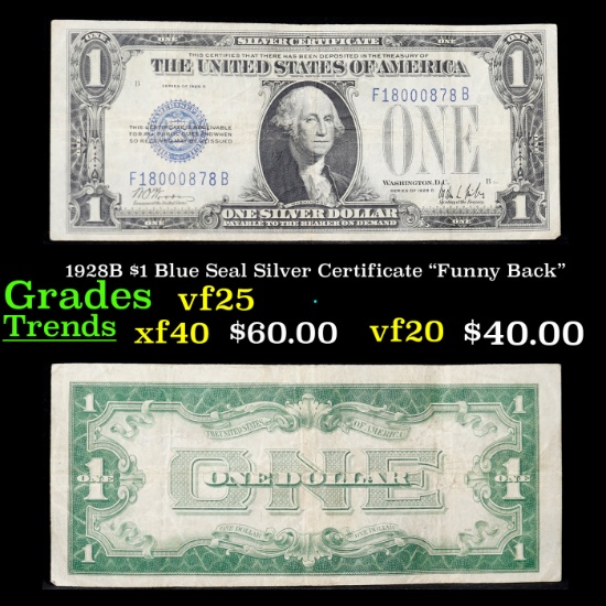 1928B $1 Blue Seal Silver Certificate "Funny Back" Grades vf+