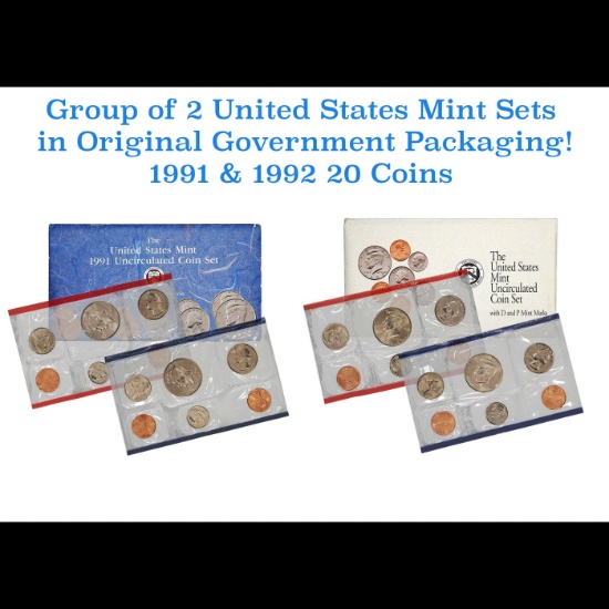 Group of 2 United States Mint Set in Original Government Packaging! From 1991-1992 with 20 Coins Ins
