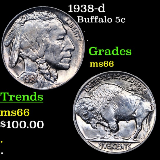 1938-d Buffalo Nickel 5c Grades GEM+ Unc