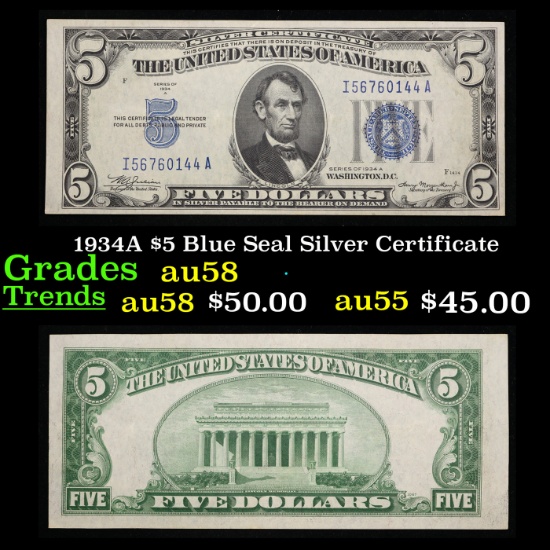 1934A $5 Blue Seal Silver Certificate Grades Choice AU/BU Slider