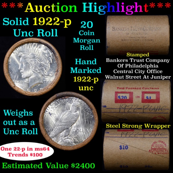 ***Auction Highlight*** Full solid date 1922-p Uncirculated Peace silver dollar roll, 20 coins (fc)