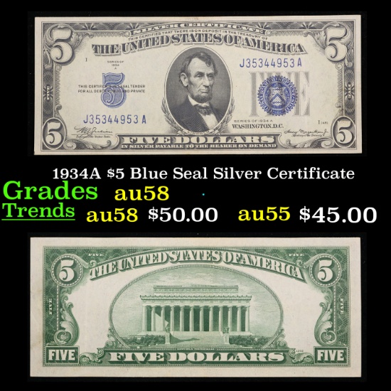 1934A $5 Blue Seal Silver Certificate Grades Choice AU/BU Slider