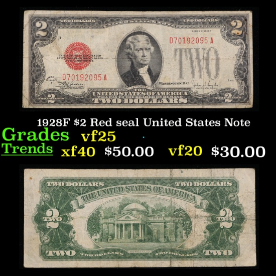 1928F $2 Red seal United States Note Grades vf+