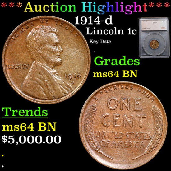 ***Auction Highlight*** 1914-d Lincoln Cent 1c Graded ms64 BN By SEGS (fc)