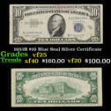 1953B $10 Blue Seal Silver Certificate Grades vf+