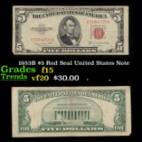 1953B $5 Red Seal United States Note Grades f+